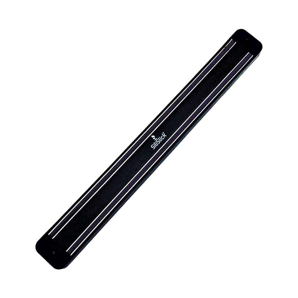 Black rectangular magnetic knife rack with 'SiliSlick' branding on a white background