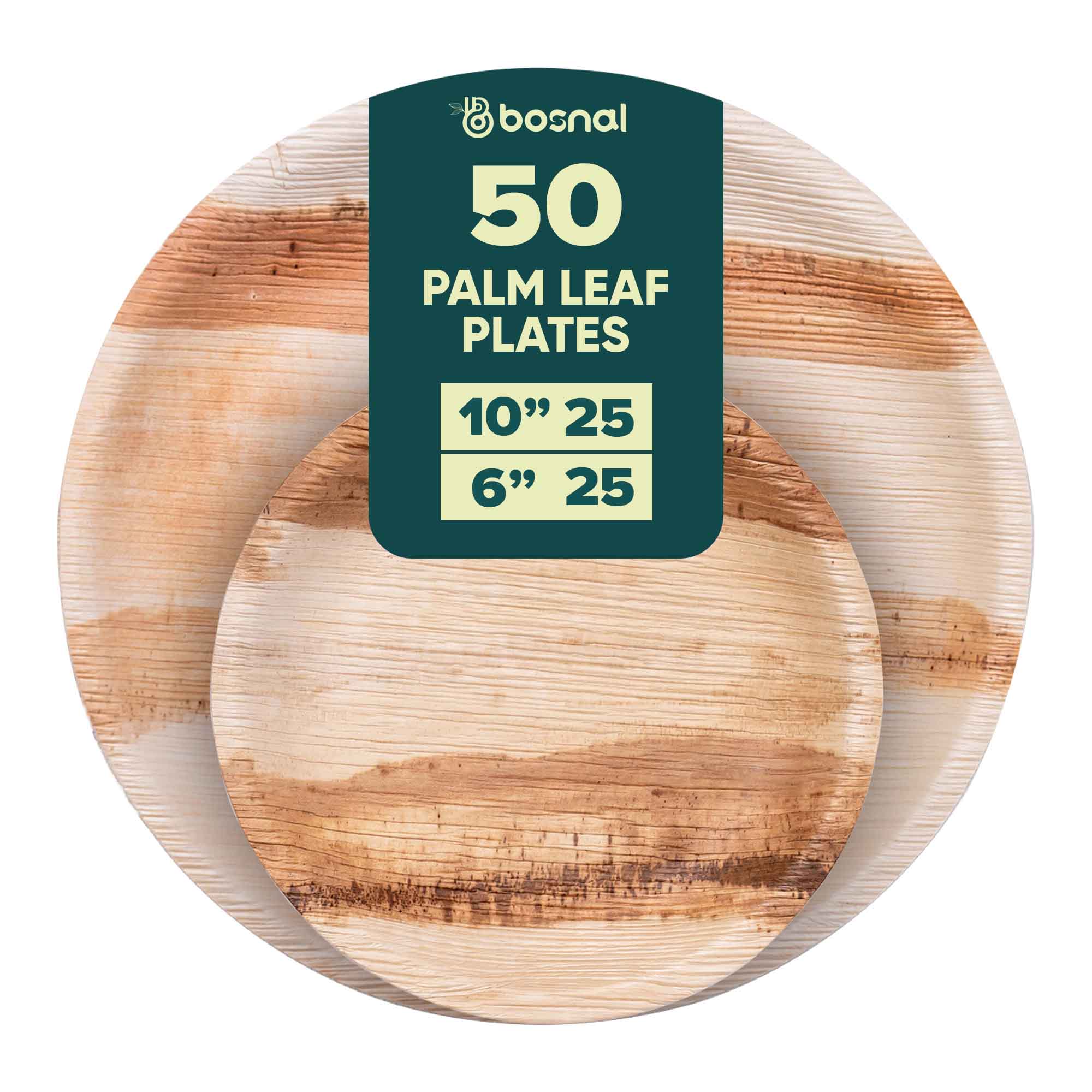 Eco-friendly biodegradable palm leaf plates, 50-piece set with 10-inch and 6-inch round plates.