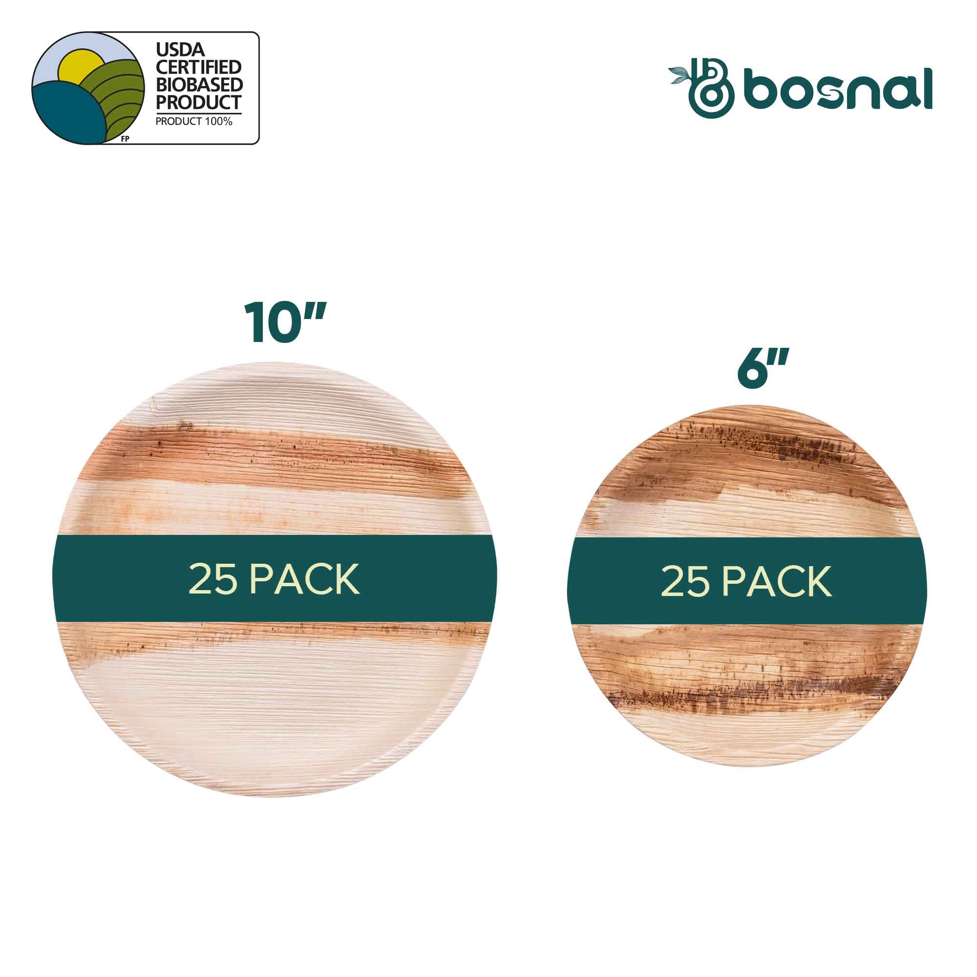 Eco-friendly biodegradable palm leaf plates, 50-piece set with 10-inch and 6-inch round plates.