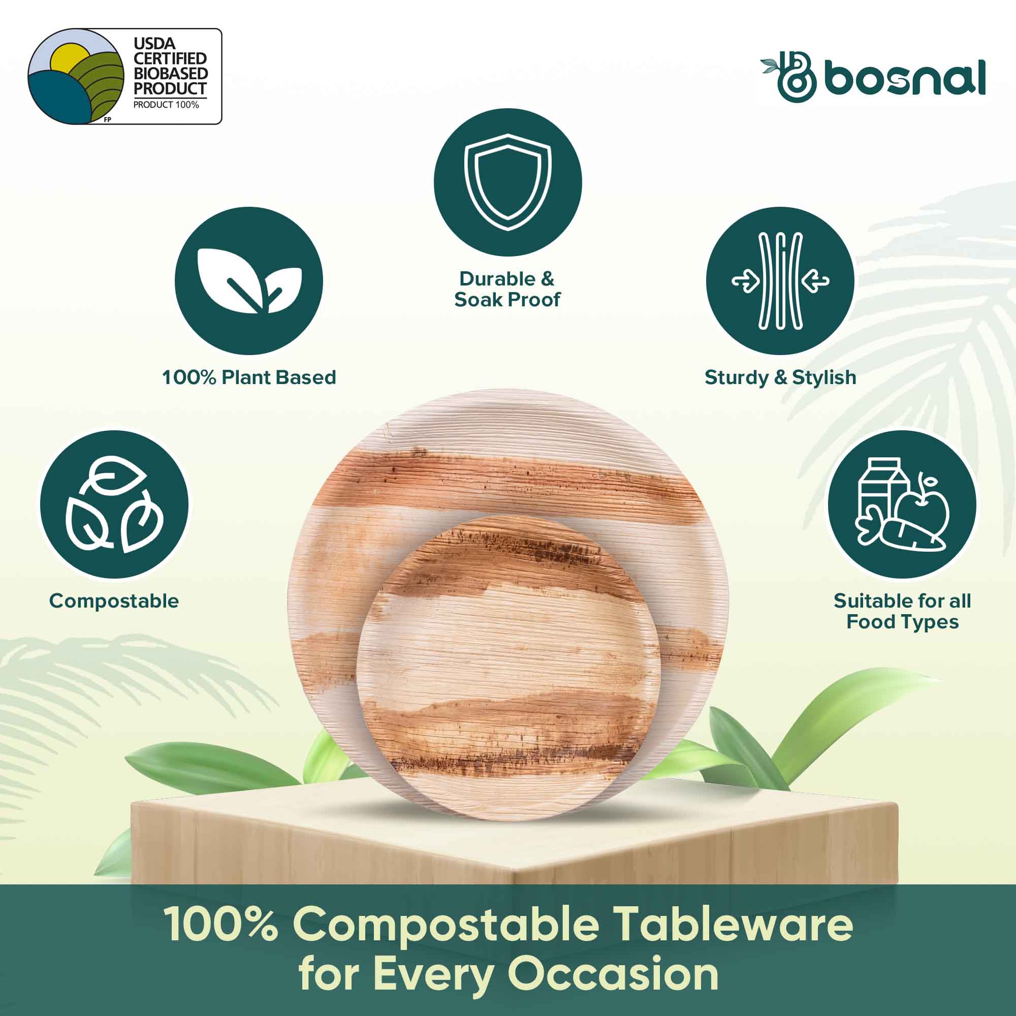 Eco-friendly biodegradable palm leaf plates, 50-piece set with 10-inch and 6-inch round plates.