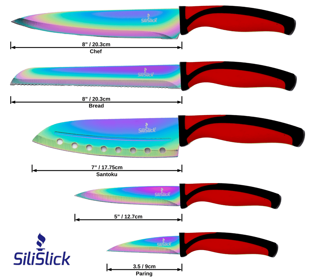 Set of knives with rainbow blades and red handles on a black background, featuring the SiliSlick brand.