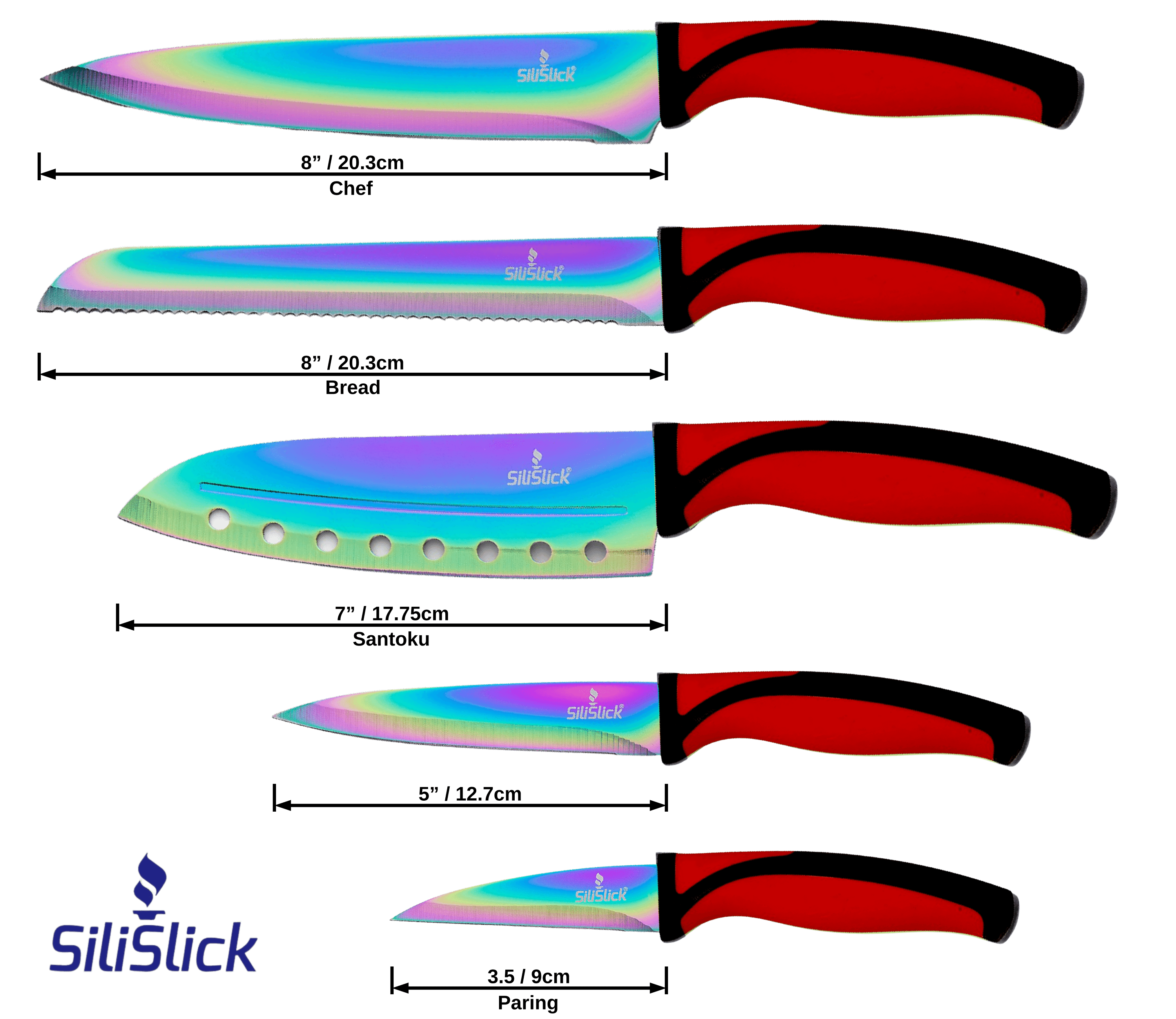 Set of knives with rainbow blades and red handles on a black background, featuring the SiliSlick brand.