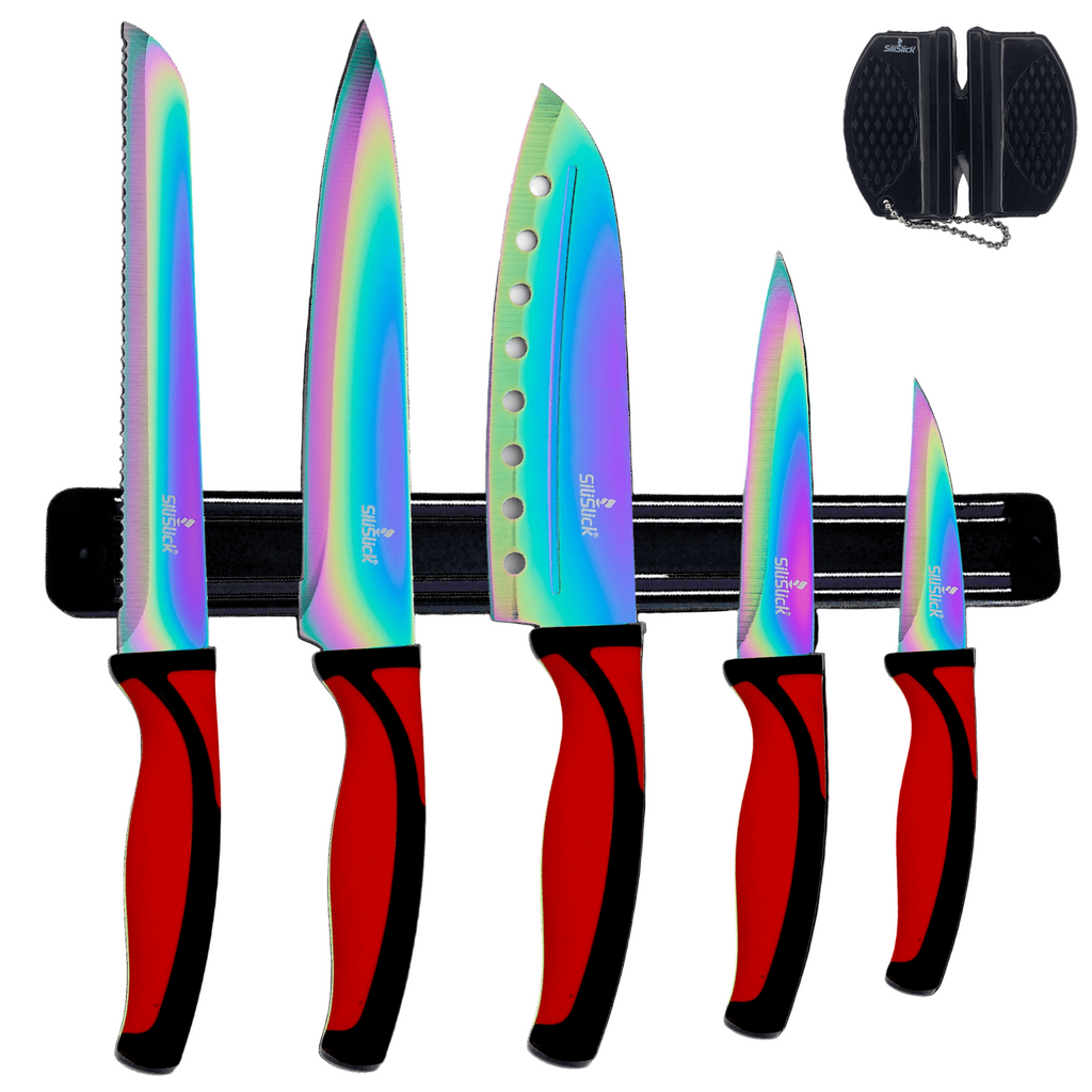Set of five colorful knives with red handles, a knife sharpener, and magnetic knife rack on a white background