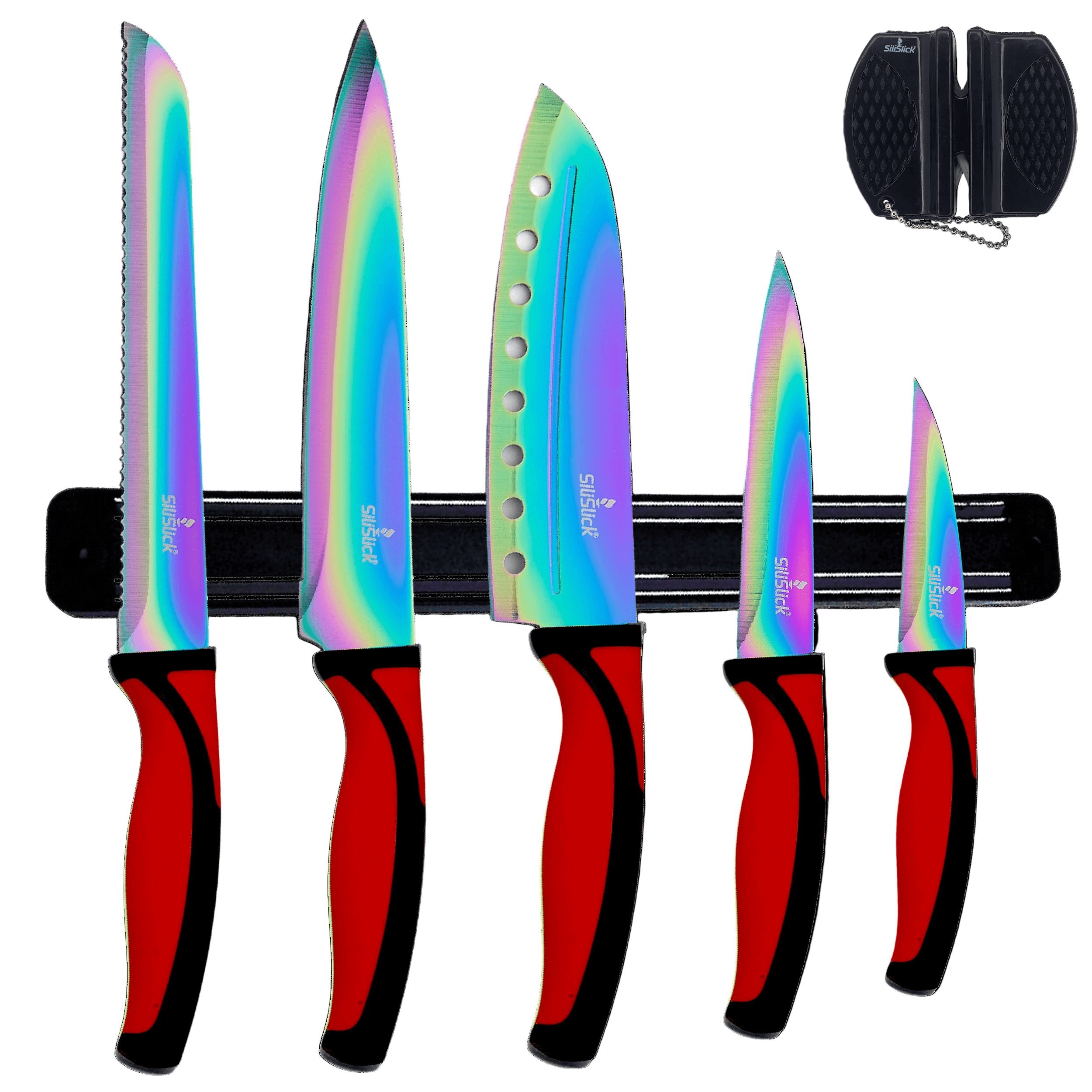 Set of five colorful knives with red handles, a knife sharpener, and magnetic knife rack on a white background